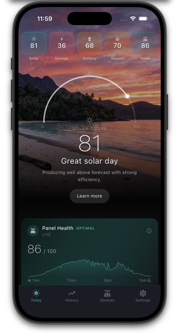 Teslink Solar Score dashboard with daily performance overview