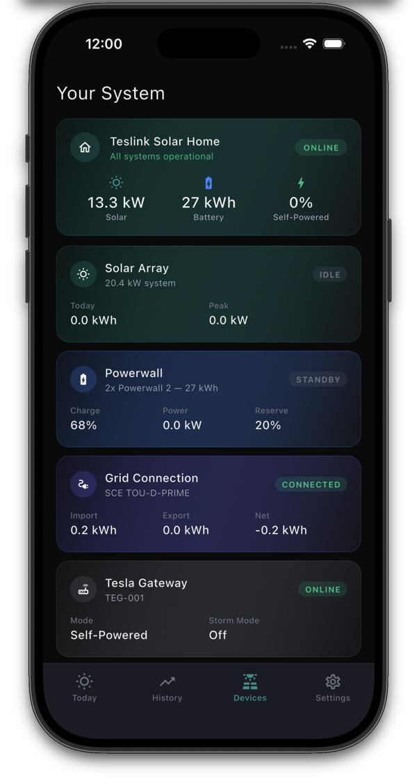 Device management showing solar array, Powerwall, and grid status